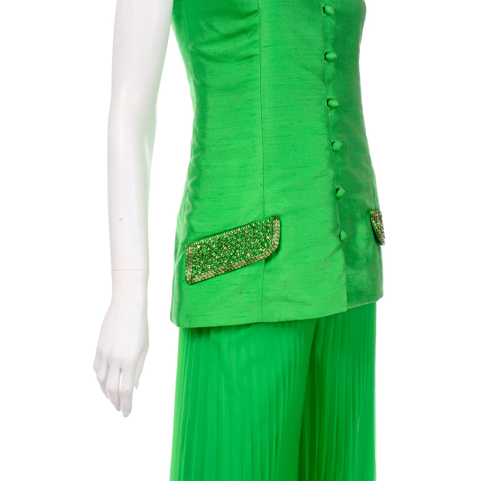 Jack Bryan by Dupuis Vintage Green Sleeveless Beaded Jacket & Pleated Palazzo Pants