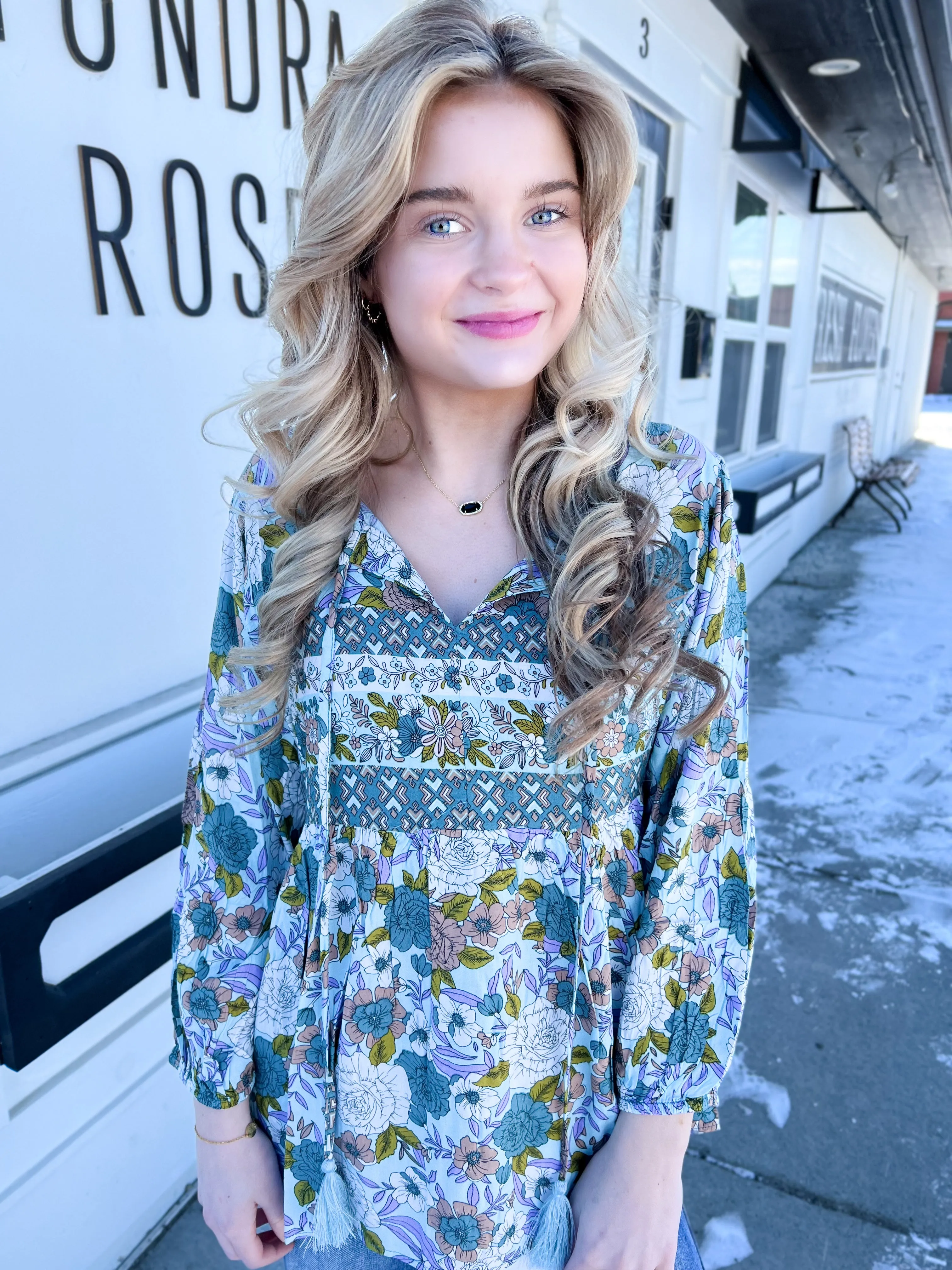 Kendra Dusty Blue Print Blouse