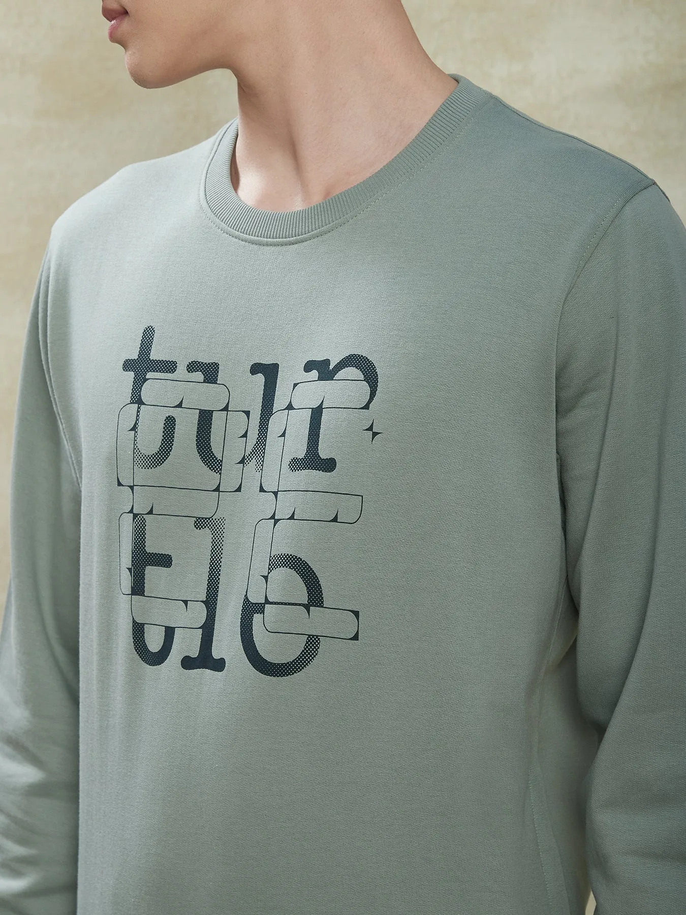 Knitted Olive Printed Regular Fit Full Sleeve Casual Sweatshirt