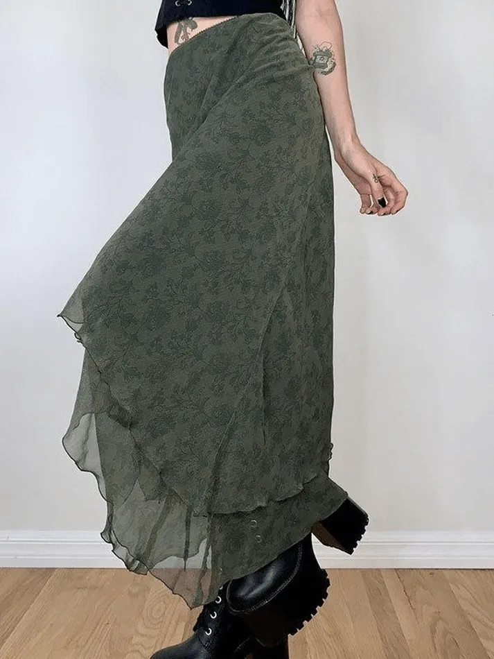 LANFUBEISI - Irregular Floral Pattern Midi Skirt