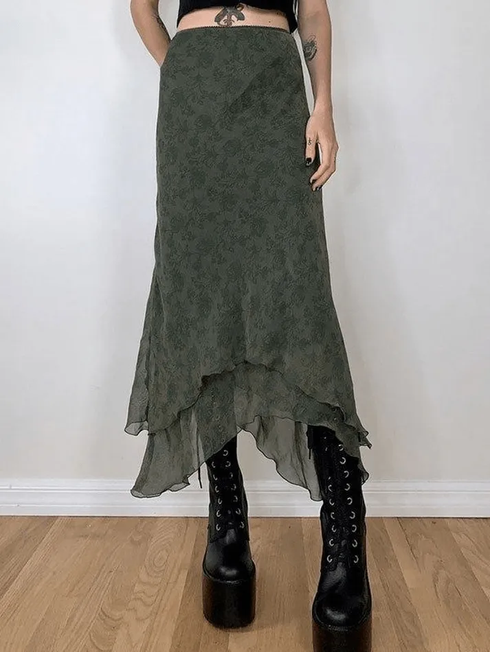 LANFUBEISI - Irregular Floral Pattern Midi Skirt