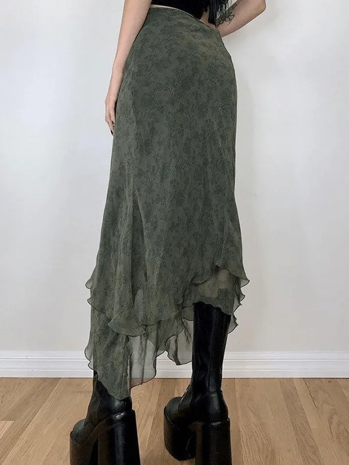LANFUBEISI - Irregular Floral Pattern Midi Skirt