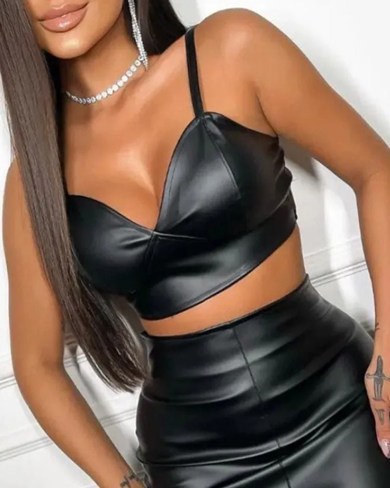 Leather Crop Cami Top & Slit Skirt Set