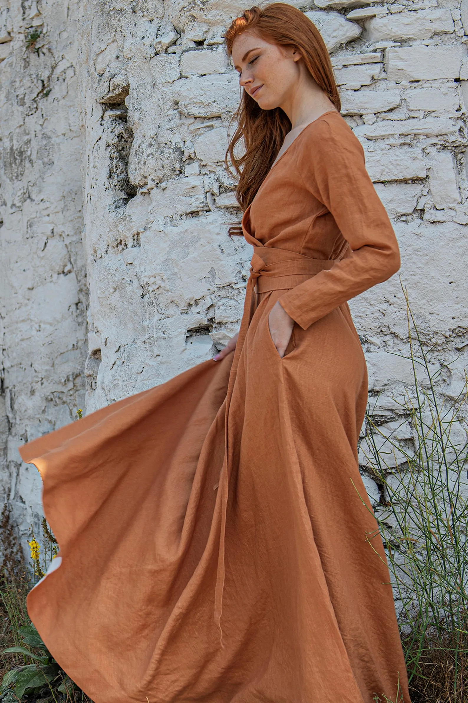 Linen Maxi Dress with Tie Belt