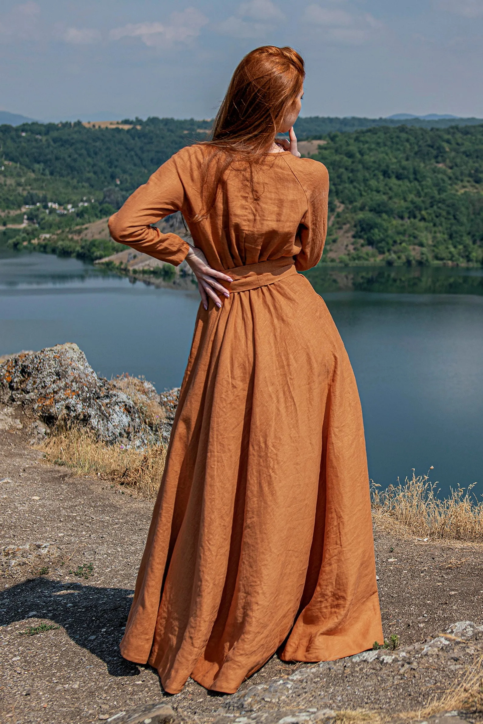 Linen Maxi Dress with Tie Belt