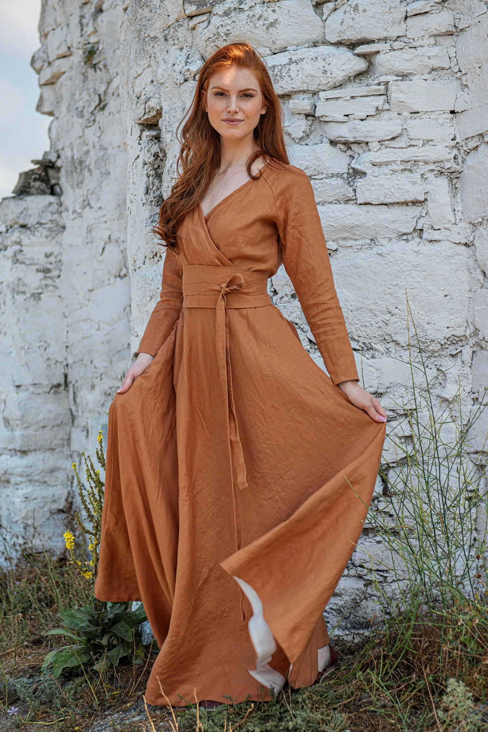 Linen Maxi Dress with Tie Belt