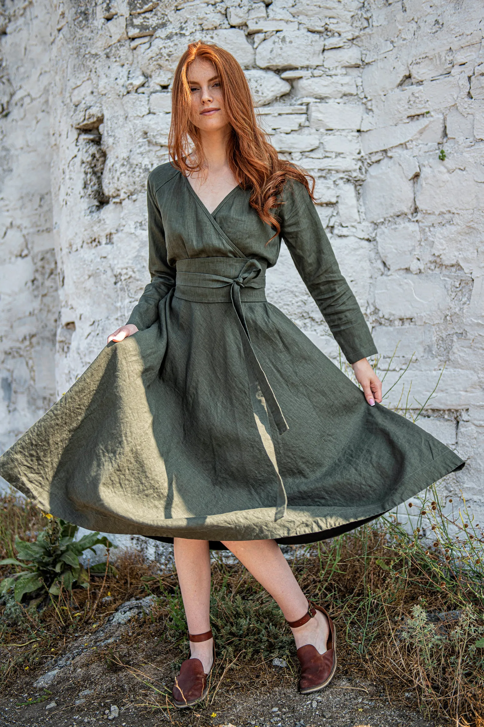 Linen Midi Dress with Tie Belt