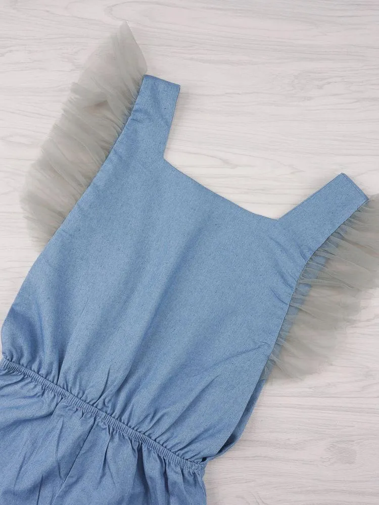 Little Girl Jumpsuit Flutter Sleeve Blue Jumpsuit