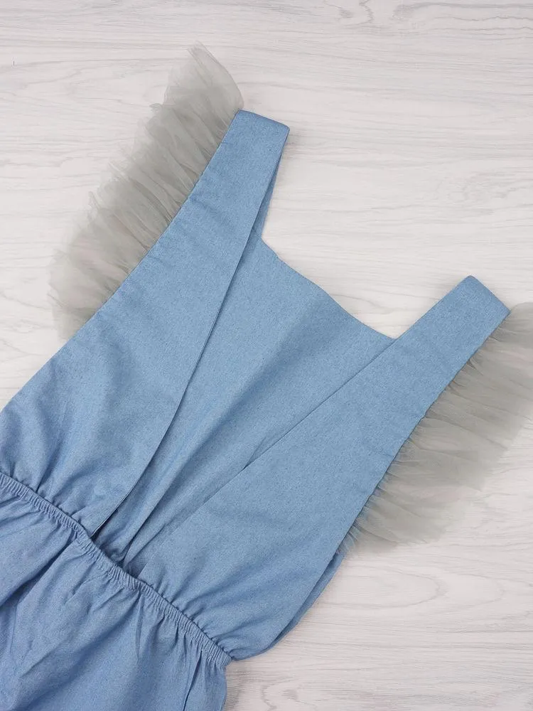 Little Girl Jumpsuit Flutter Sleeve Blue Jumpsuit