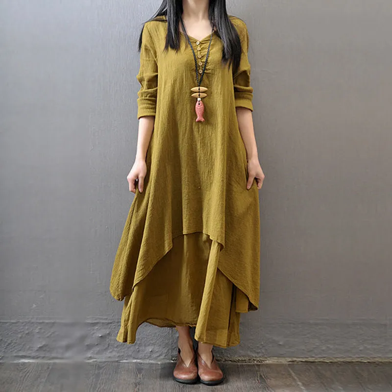 Long sleeve maxi linen dress - fake two piece design