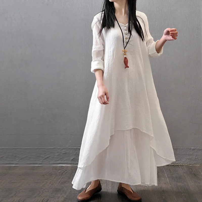 Long sleeve maxi linen dress - fake two piece design
