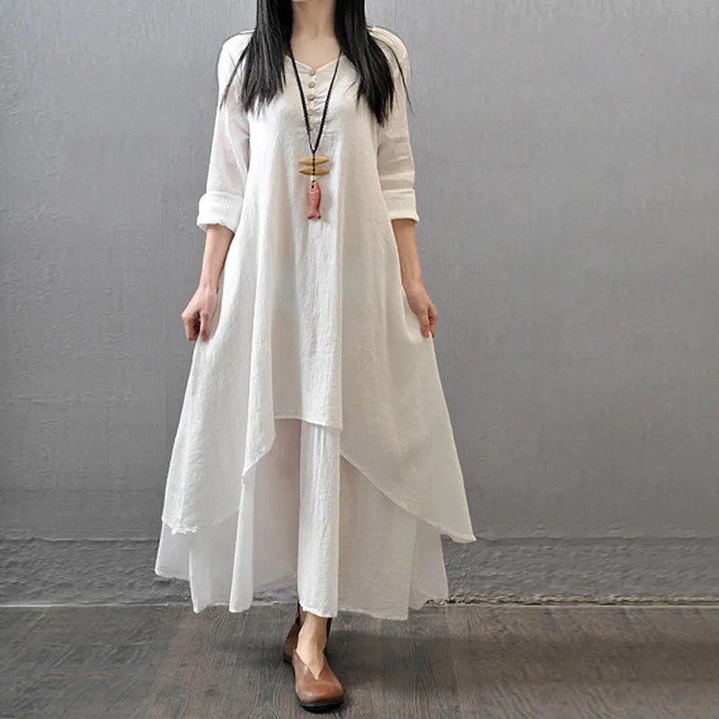 Long sleeve maxi linen dress - fake two piece design