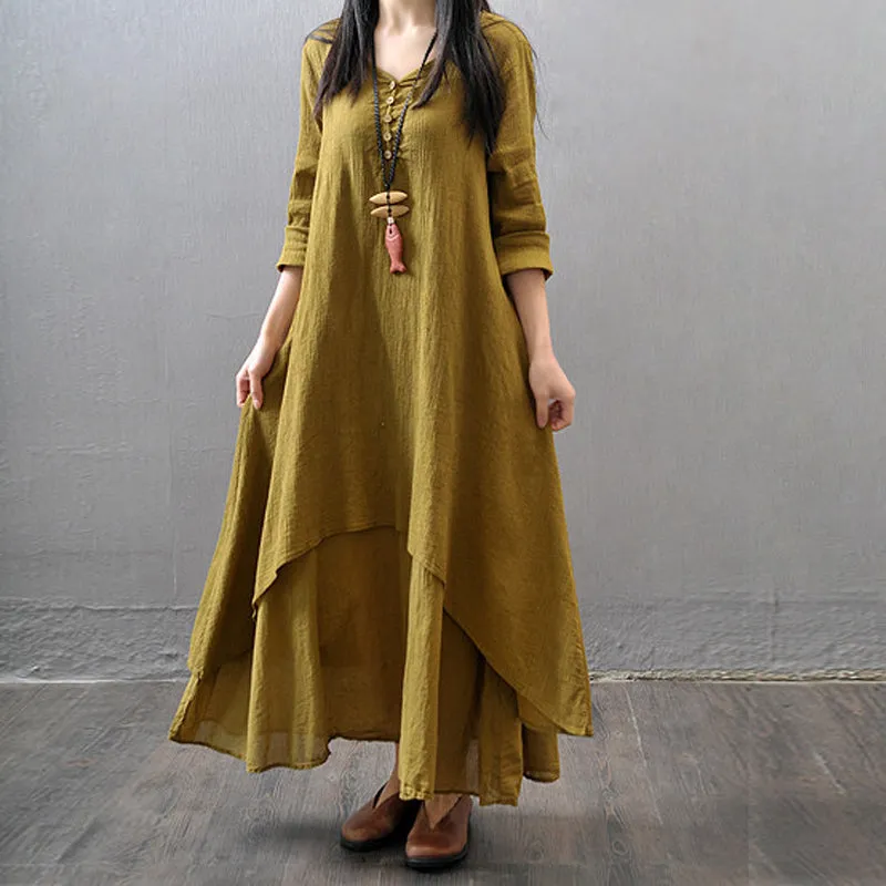 Long sleeve maxi linen dress - fake two piece design