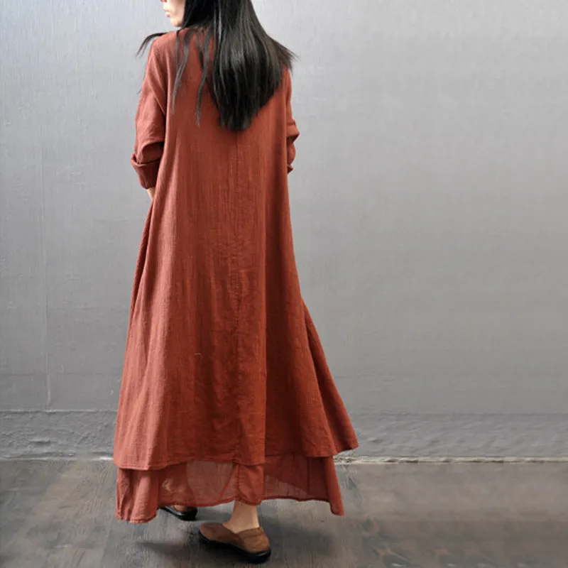 Long sleeve maxi linen dress - fake two piece design