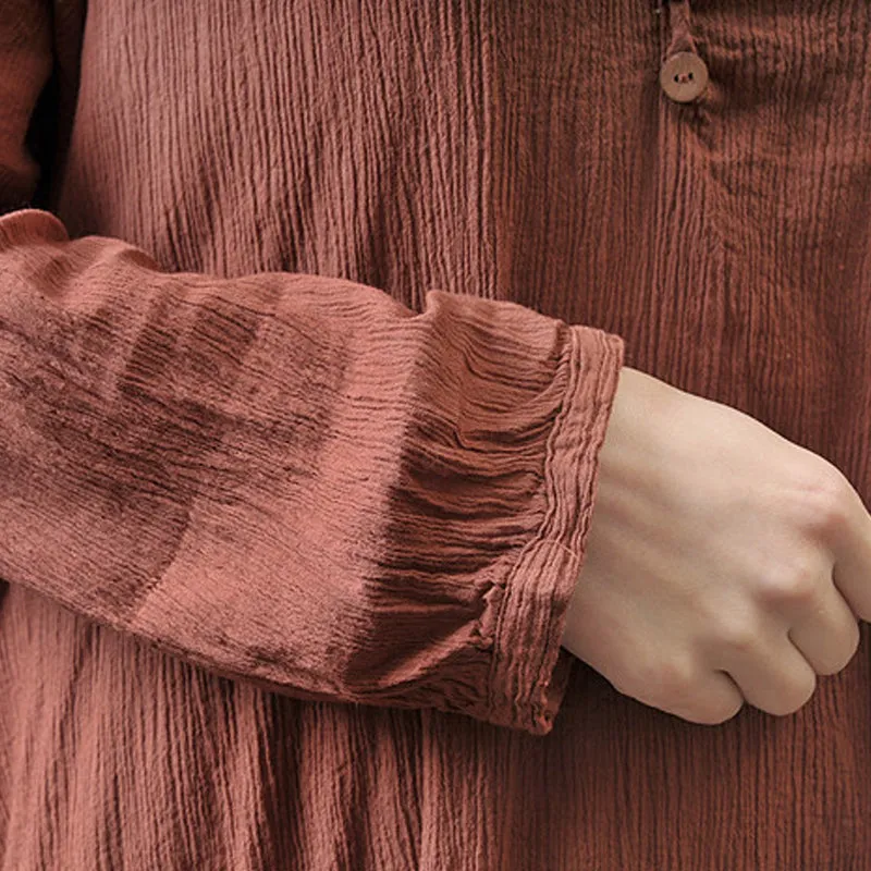 Long sleeve maxi linen dress - fake two piece design