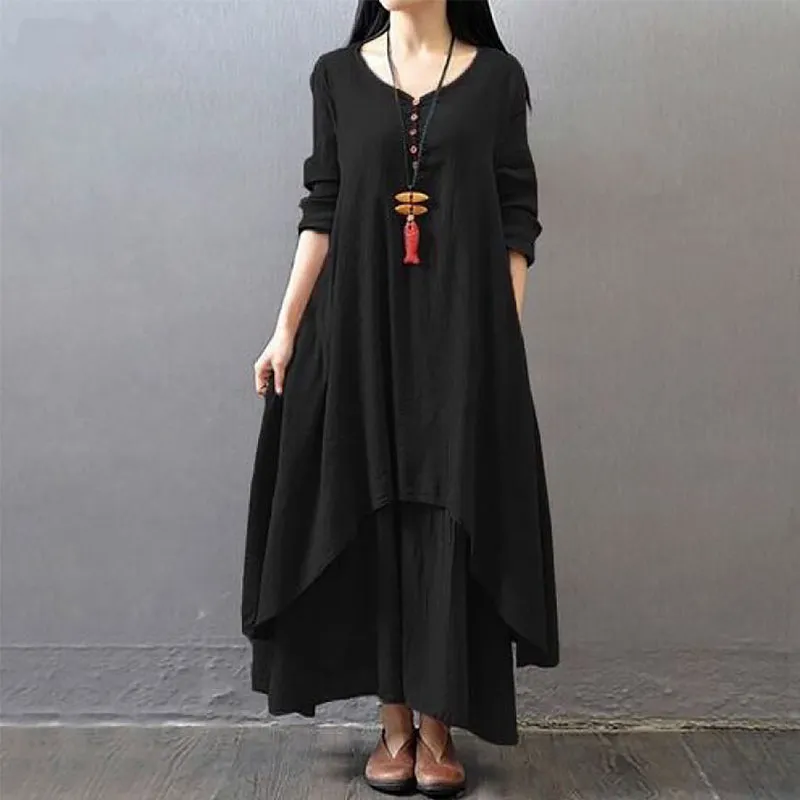Long sleeve maxi linen dress - fake two piece design