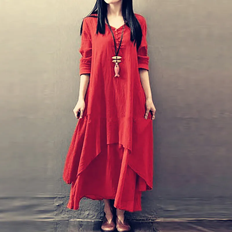 Long sleeve maxi linen dress - fake two piece design