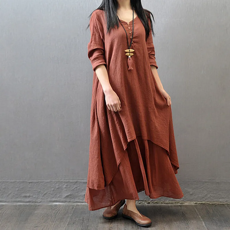 Long sleeve maxi linen dress - fake two piece design