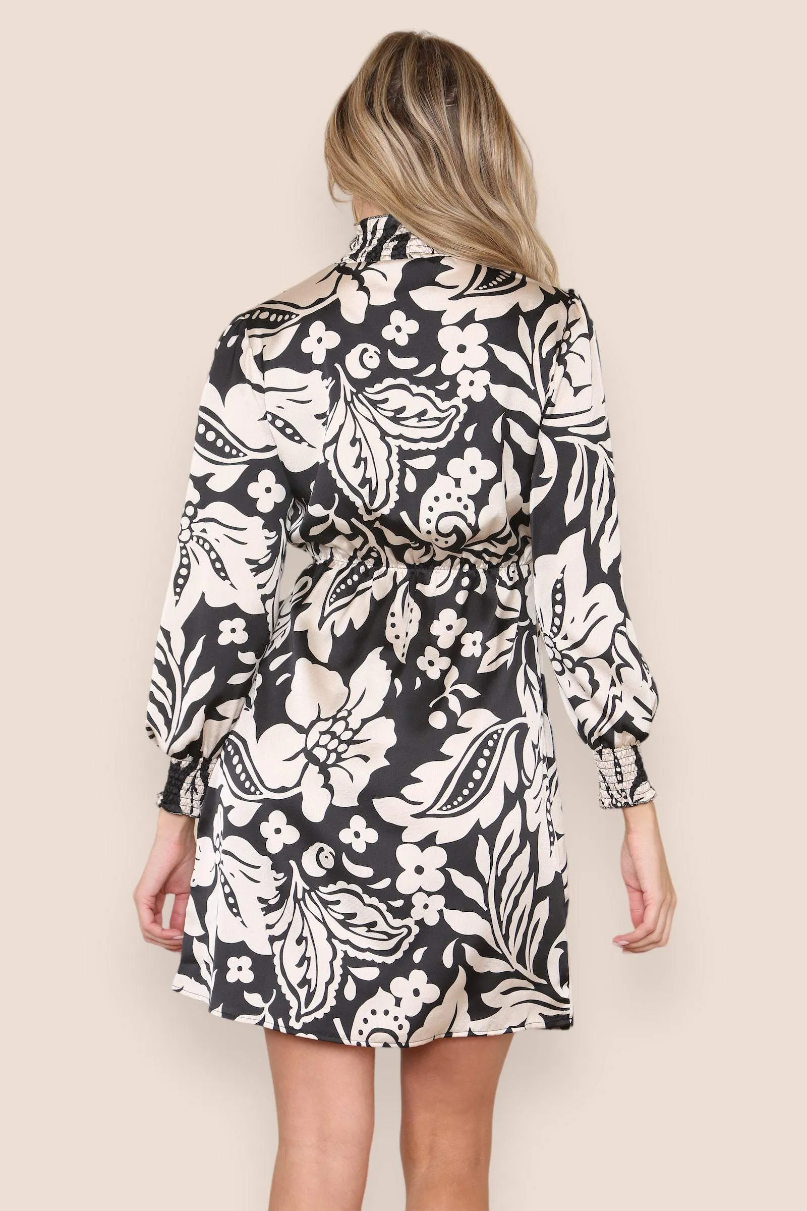 LOVE SUNSHINE Mono Floral Print Satin Shirred Waist High Neck Shift Mini Dress