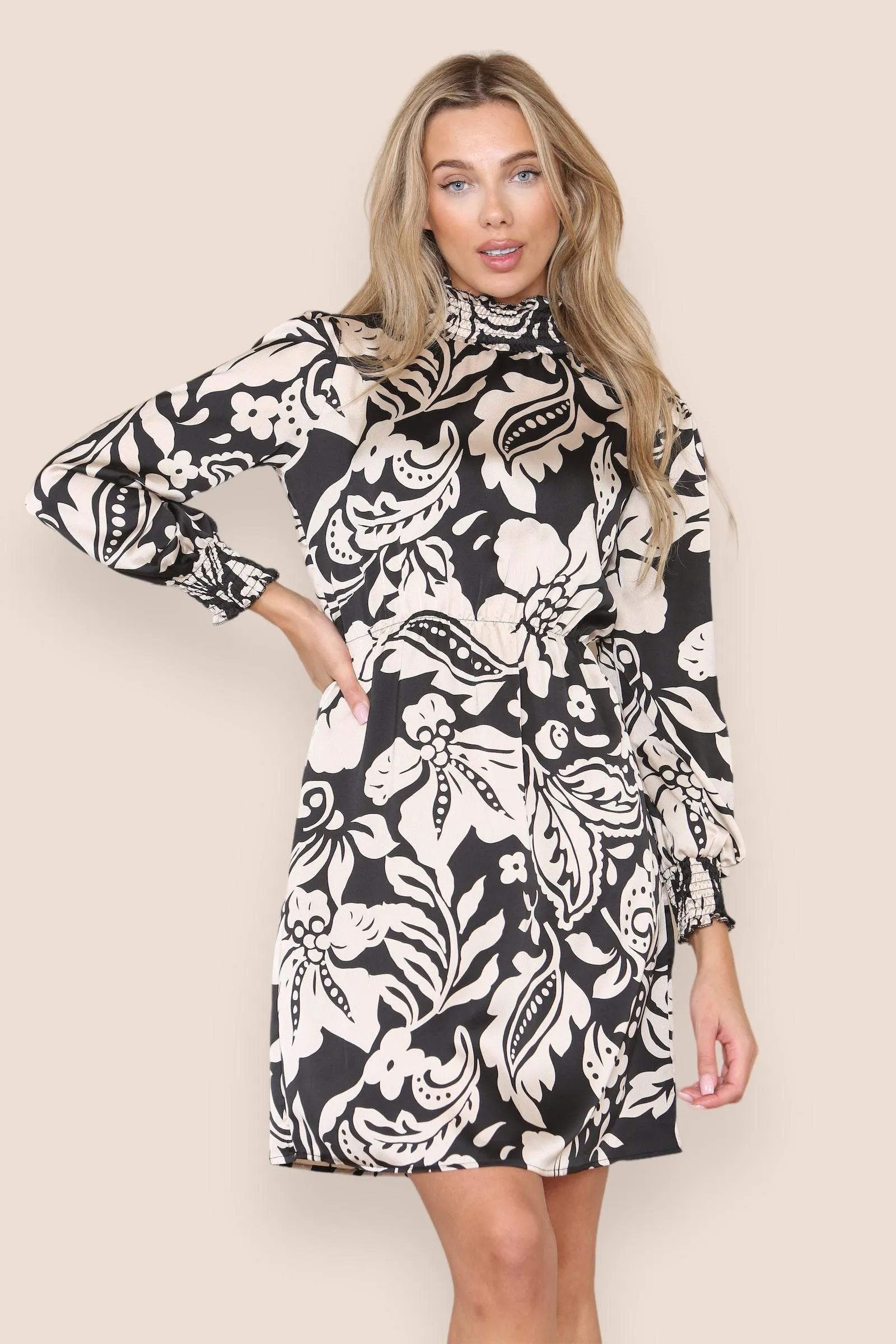 LOVE SUNSHINE Mono Floral Print Satin Shirred Waist High Neck Shift Mini Dress