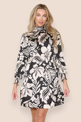 LOVE SUNSHINE Mono Floral Print Satin Shirred Waist High Neck Shift Mini Dress
