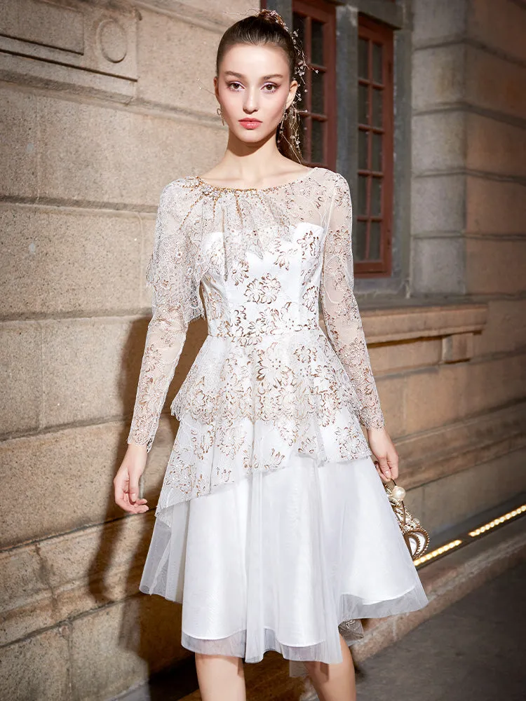 Luxury layered mesh embroidered french lace wedding dress - Tena