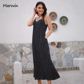 MARWIN Simply Casual Polka Dot Spaghetti Strap Pockets Maxi Dress