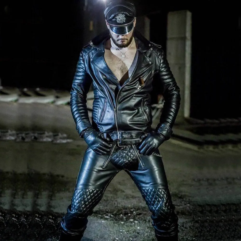 Men's Real Cowhide Leather Quilted Panels Bikers Jacket Punk Kink BLUF Diamond Style Jacket