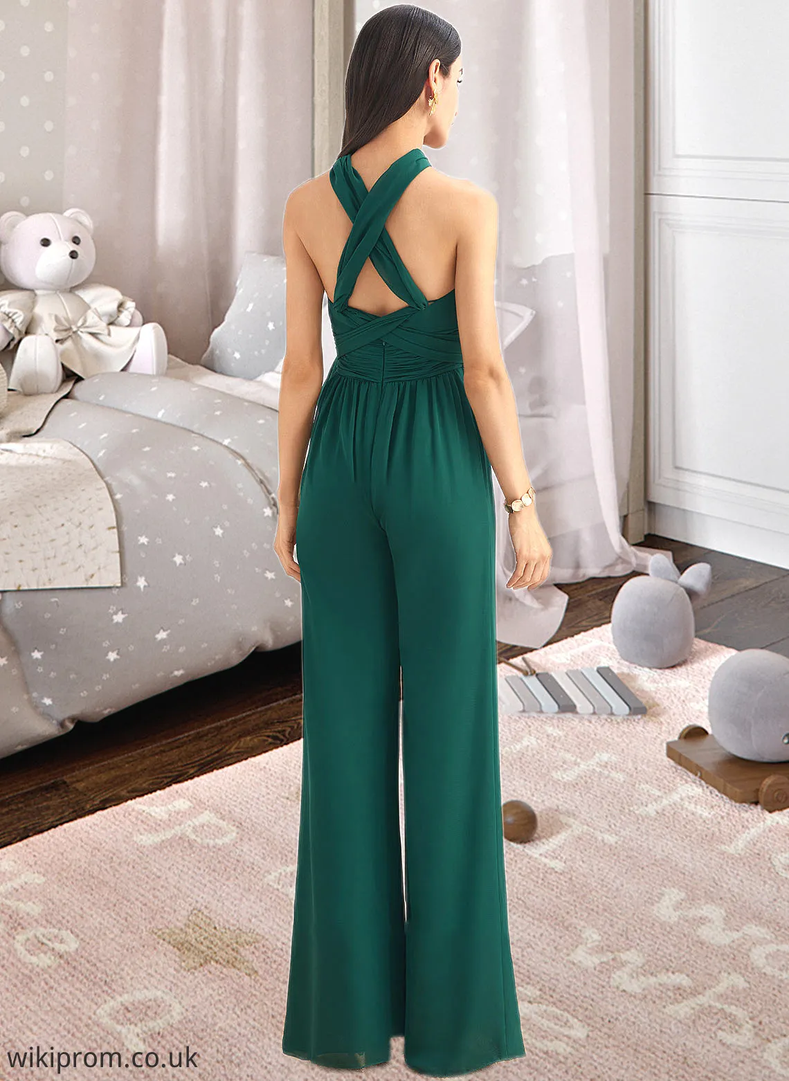 Micah Jumpsuit/Pantsuit One-Shoulder Halter V-neck High Neck Floor-Length Bridesmaid Dress With Ruffle SWKP0012777