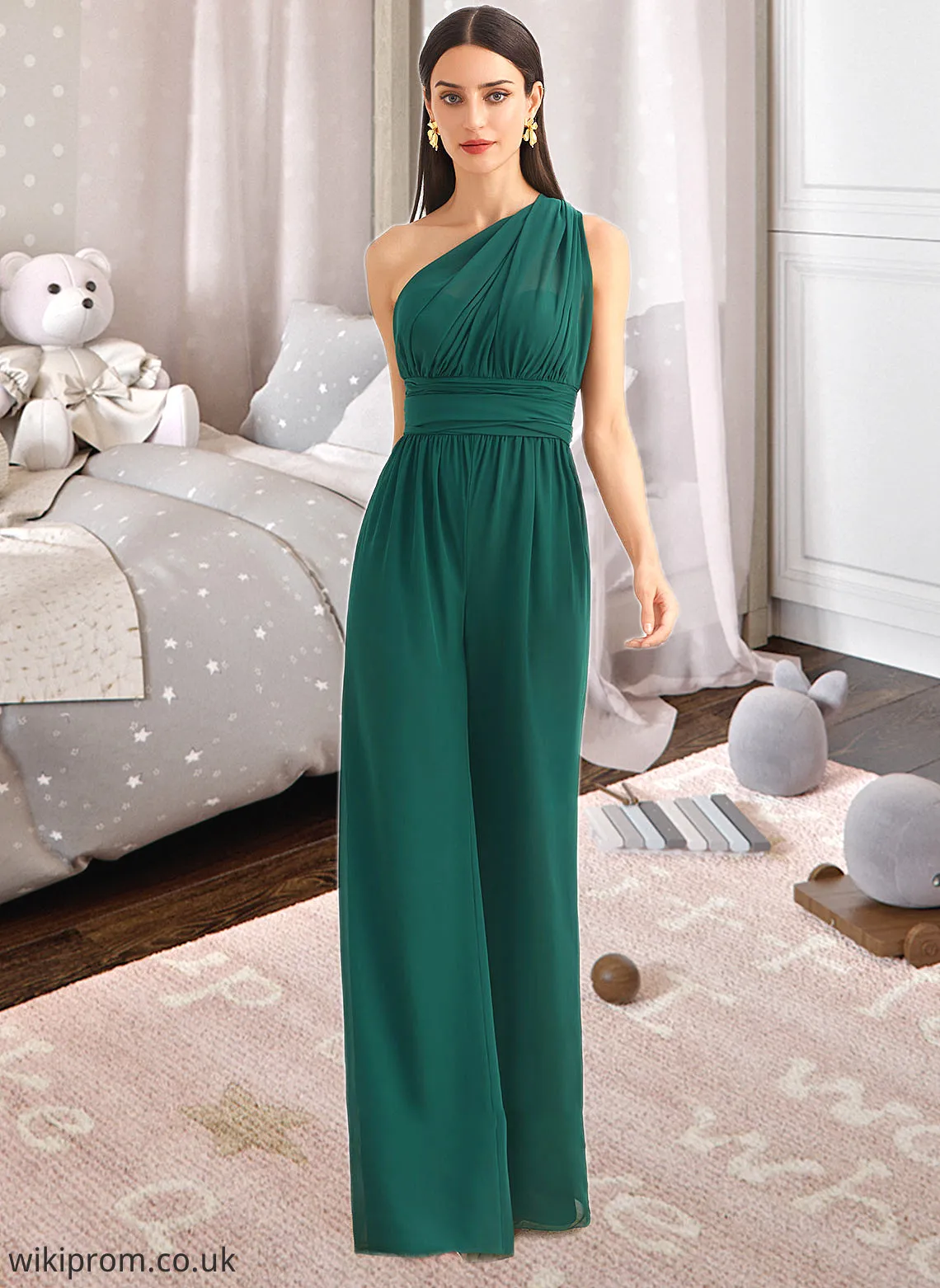 Micah Jumpsuit/Pantsuit One-Shoulder Halter V-neck High Neck Floor-Length Bridesmaid Dress With Ruffle SWKP0012777