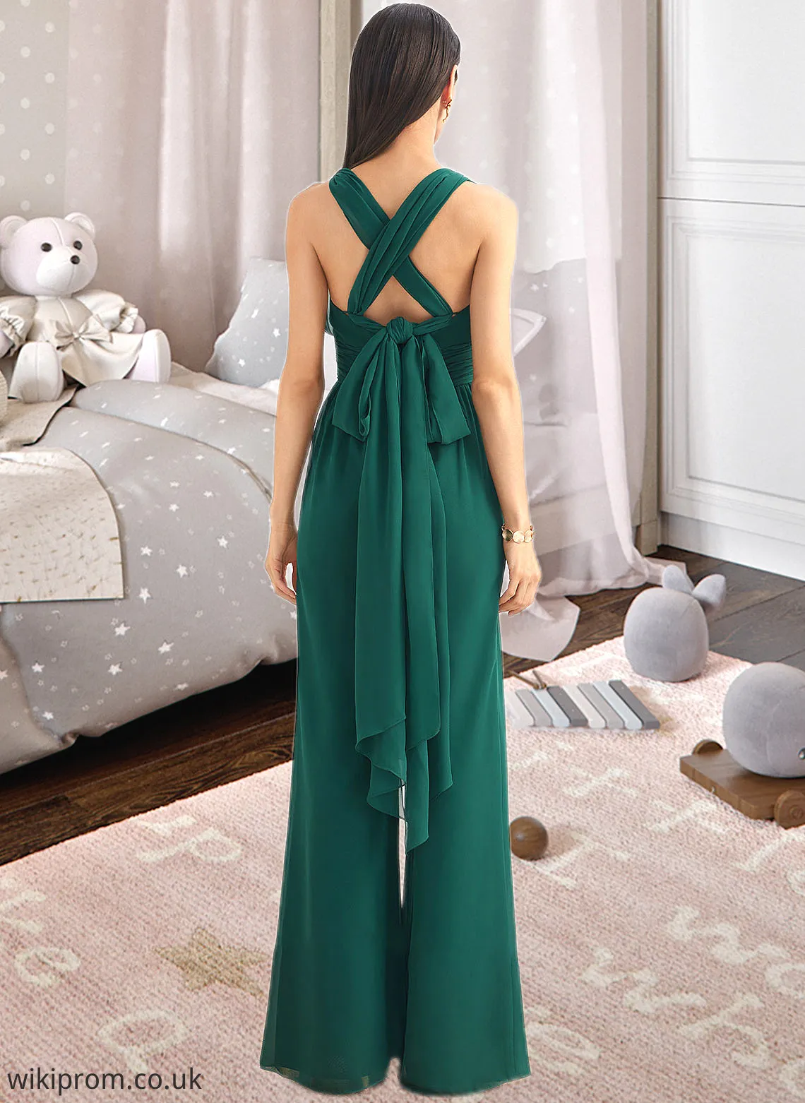 Micah Jumpsuit/Pantsuit One-Shoulder Halter V-neck High Neck Floor-Length Bridesmaid Dress With Ruffle SWKP0012777