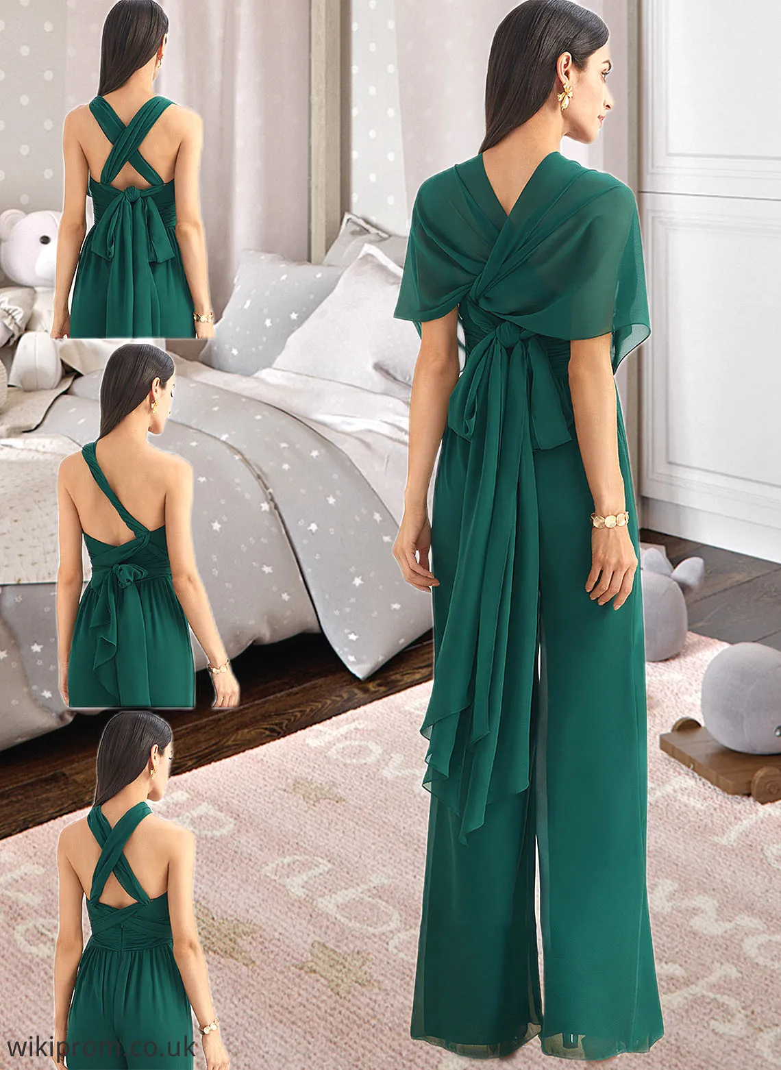 Micah Jumpsuit/Pantsuit One-Shoulder Halter V-neck High Neck Floor-Length Bridesmaid Dress With Ruffle SWKP0012777
