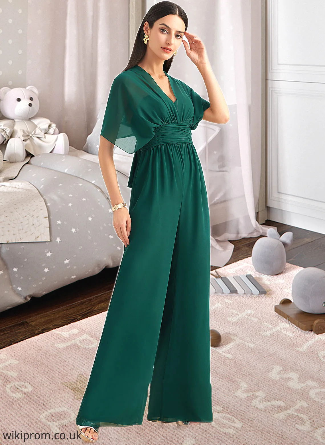 Micah Jumpsuit/Pantsuit One-Shoulder Halter V-neck High Neck Floor-Length Bridesmaid Dress With Ruffle SWKP0012777