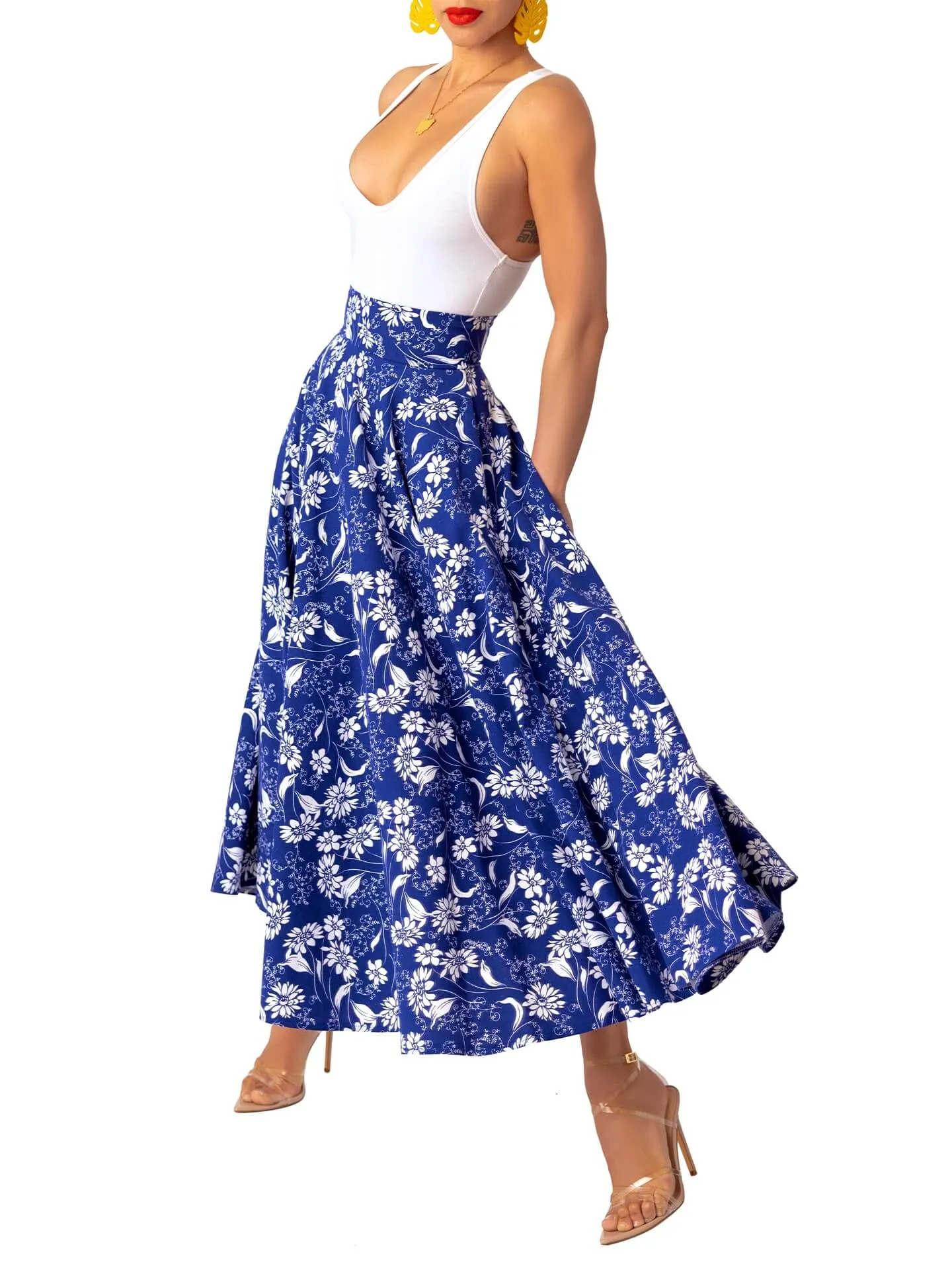 “Mídé” Blue Banded Floral Skirt