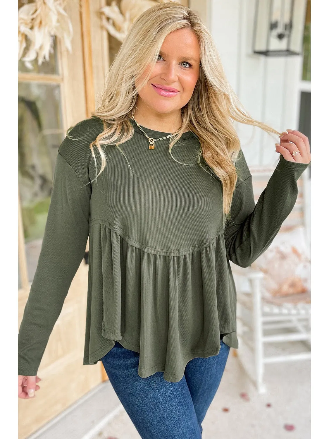 Mist Green Plus Size Thermal Knitted Babydoll Flare Top