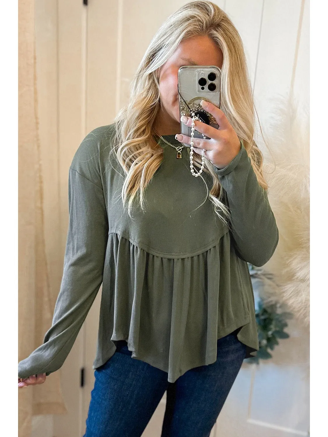 Mist Green Plus Size Thermal Knitted Babydoll Flare Top