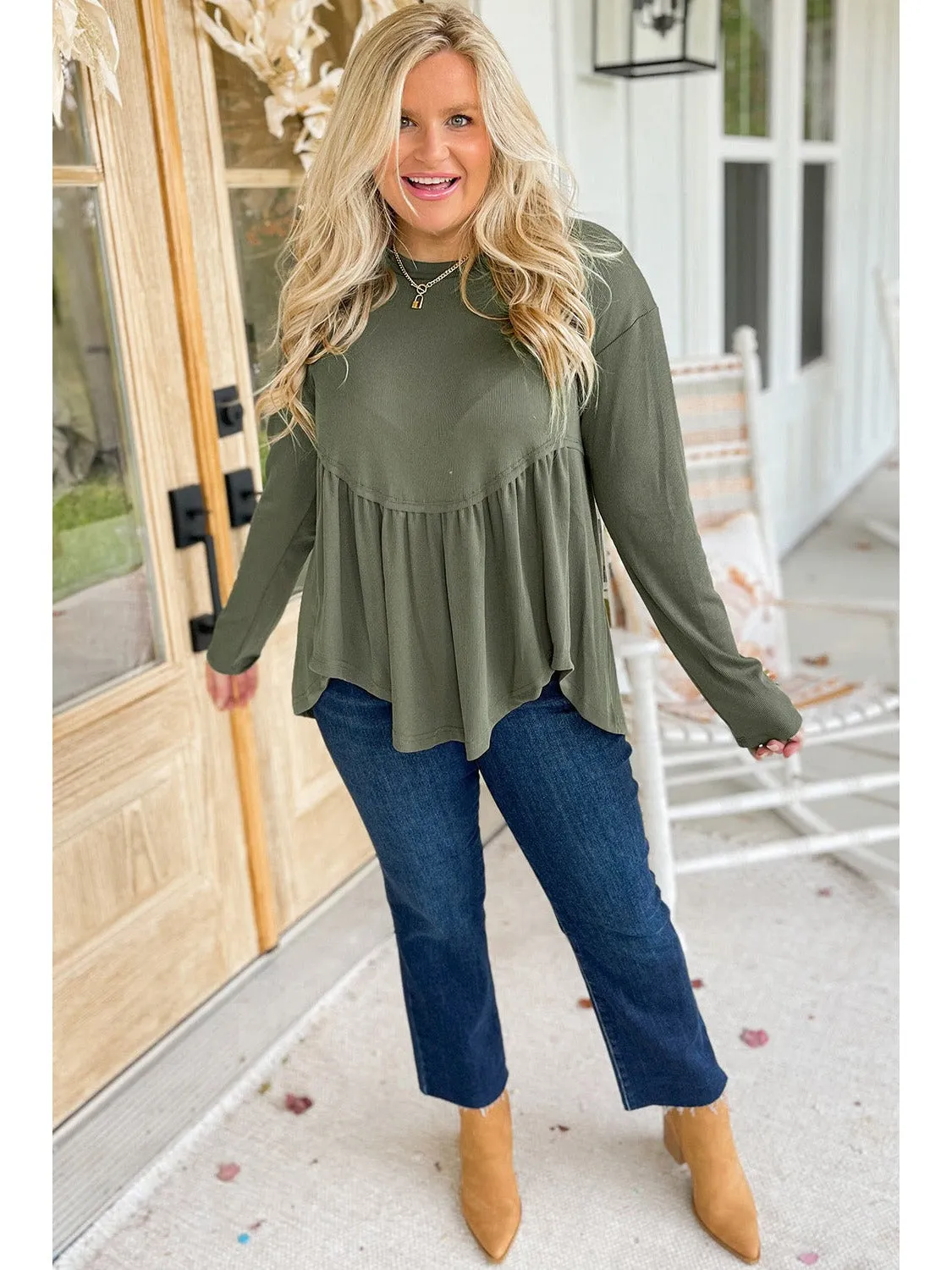 Mist Green Plus Size Thermal Knitted Babydoll Flare Top