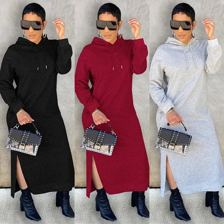 Monica Long Sleeve Hooded Solid Color Side Split Maxi Dress (Thermal)