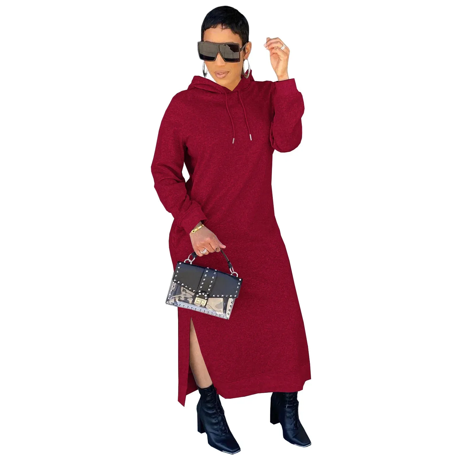 Monica Long Sleeve Hooded Solid Color Side Split Maxi Dress (Thermal)