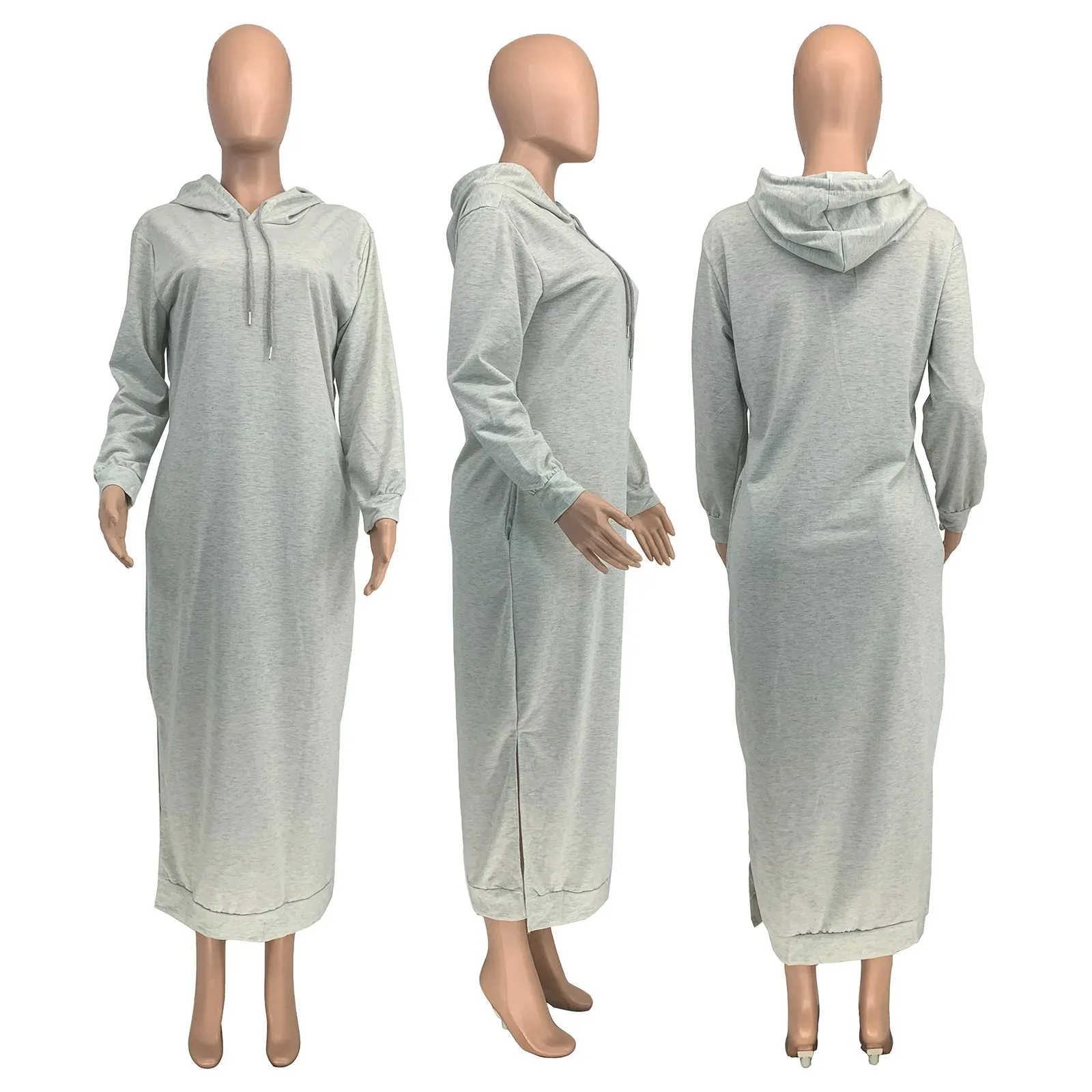 Monica Long Sleeve Hooded Solid Color Side Split Maxi Dress (Thermal)