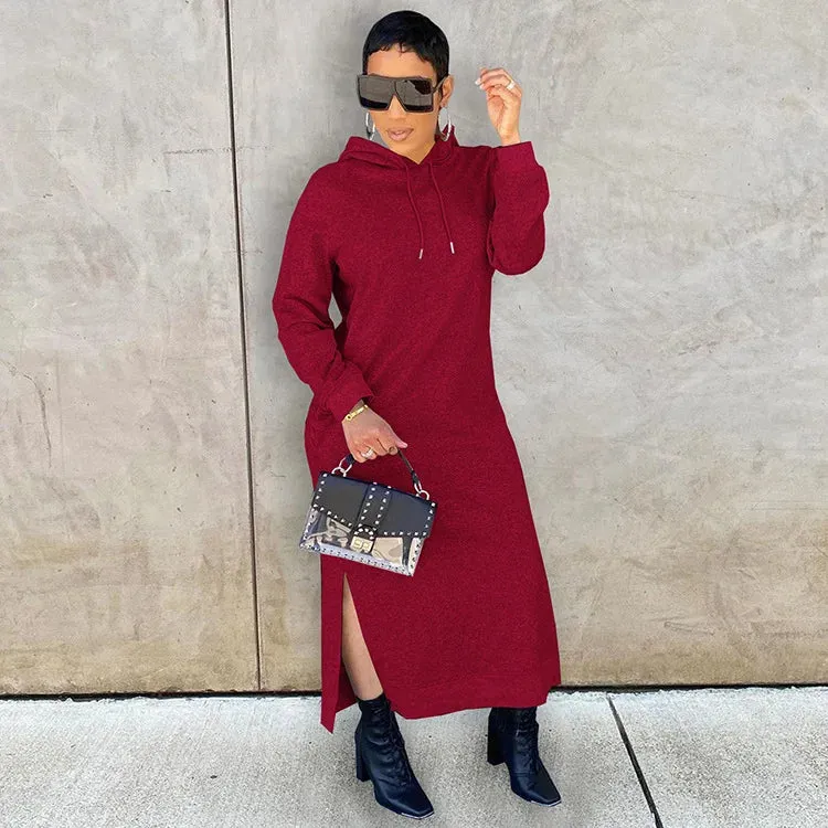 Monica Long Sleeve Hooded Solid Color Side Split Maxi Dress (Thermal)
