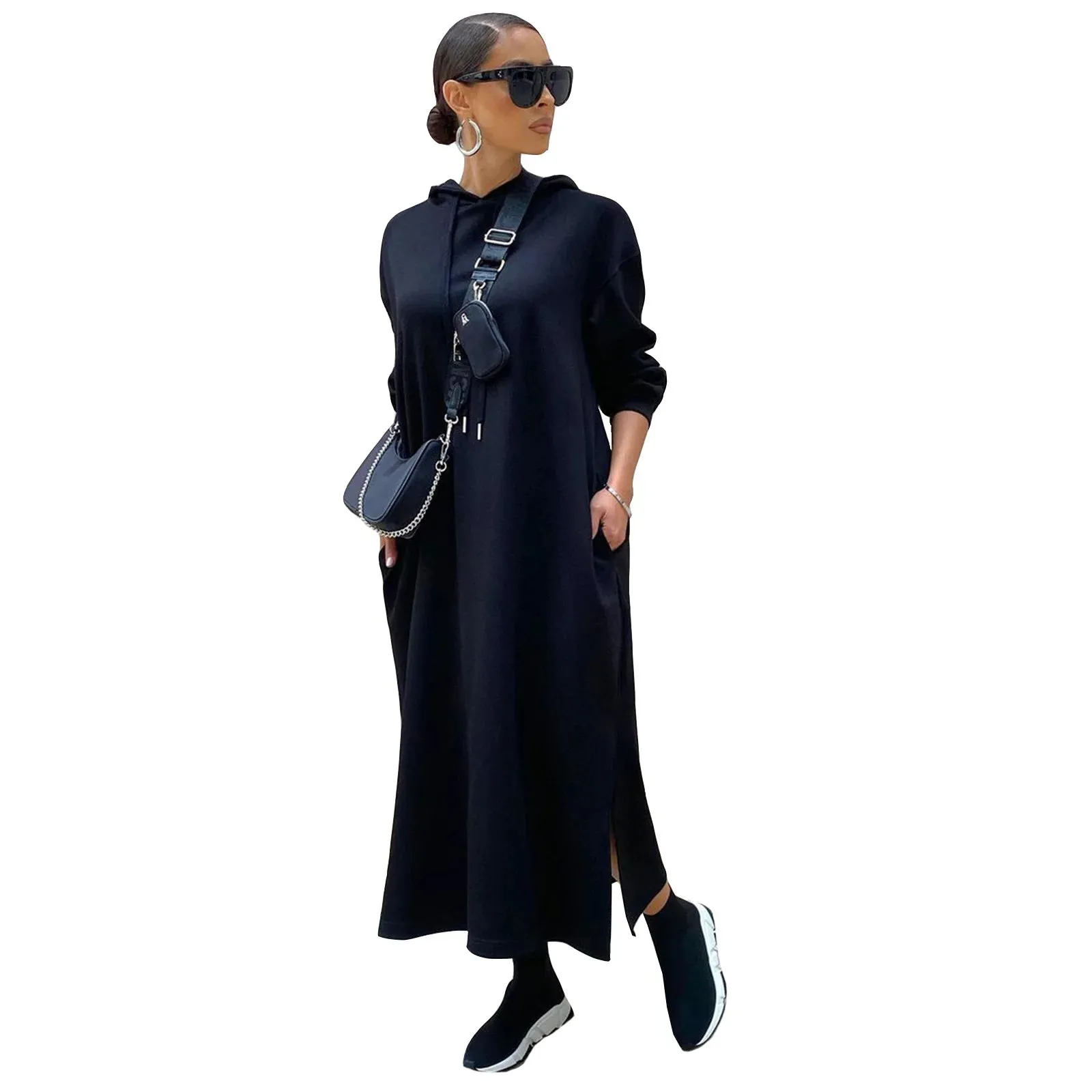 Monica Long Sleeve Hooded Solid Color Side Split Maxi Dress (Thermal)