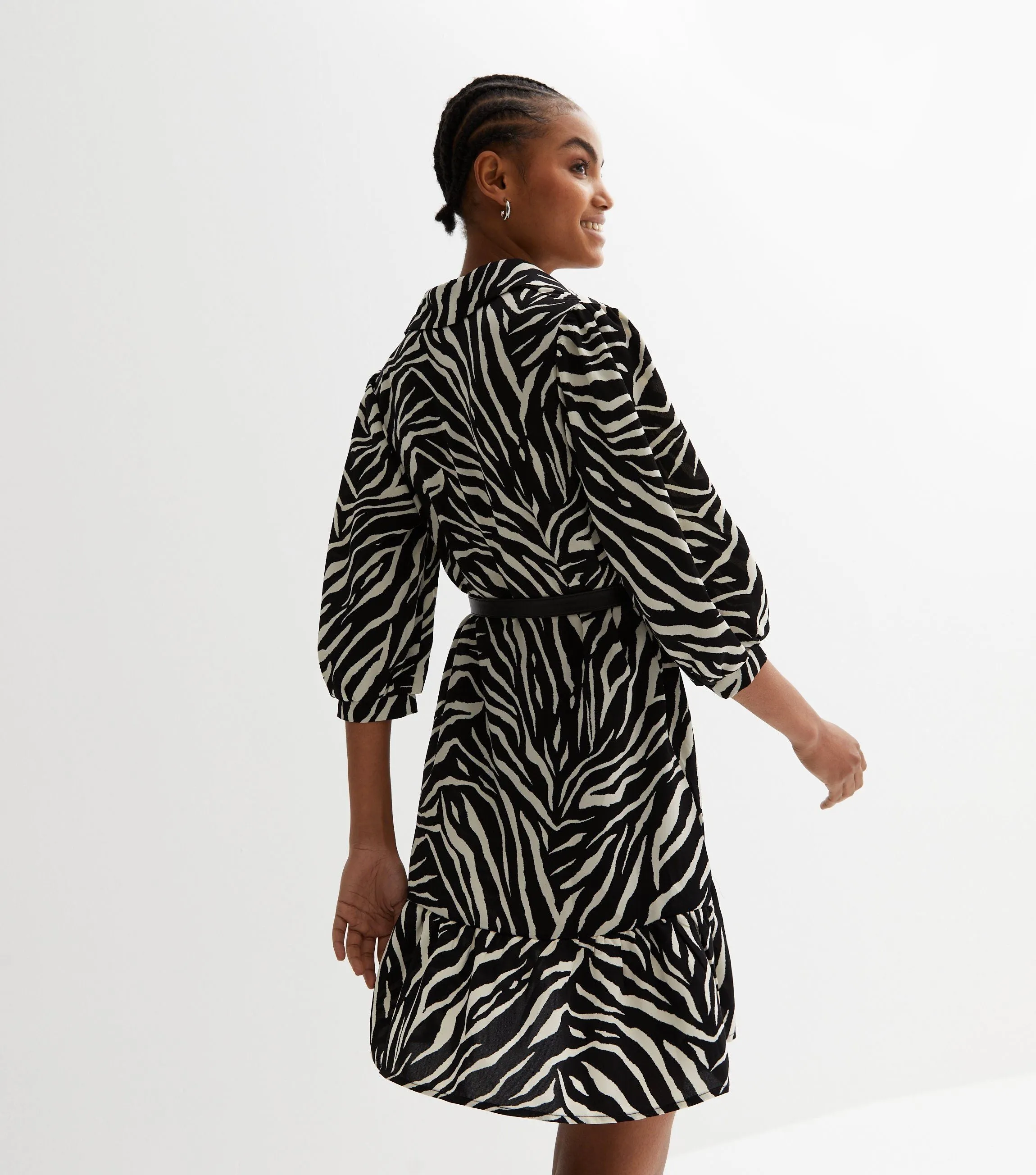 Mono Smock Collared Mini Dress with Belt in Zebra Print