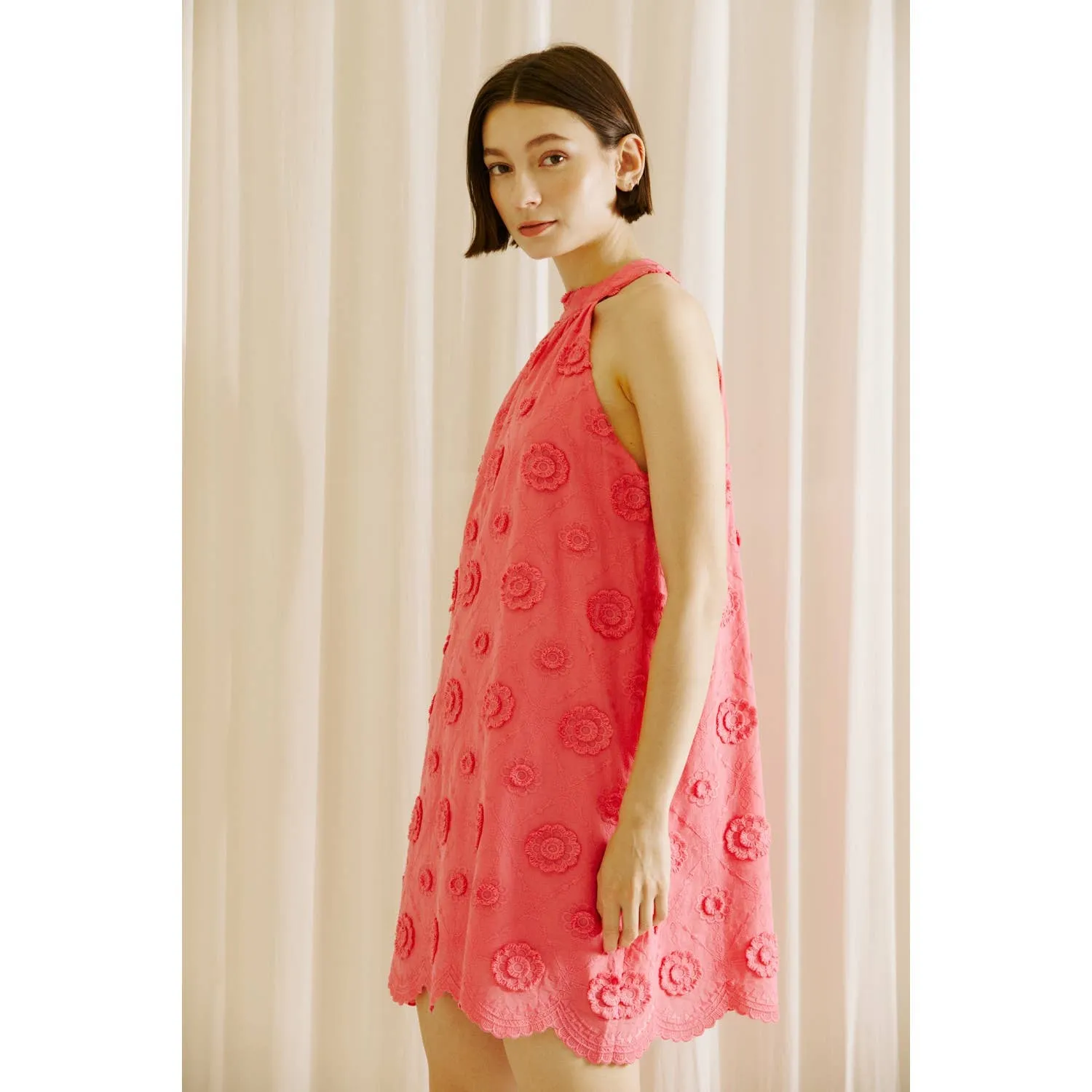 MONOCHROMATIC FLORAL EMBROIDERED MINI DRESS: HOT PINK Dress