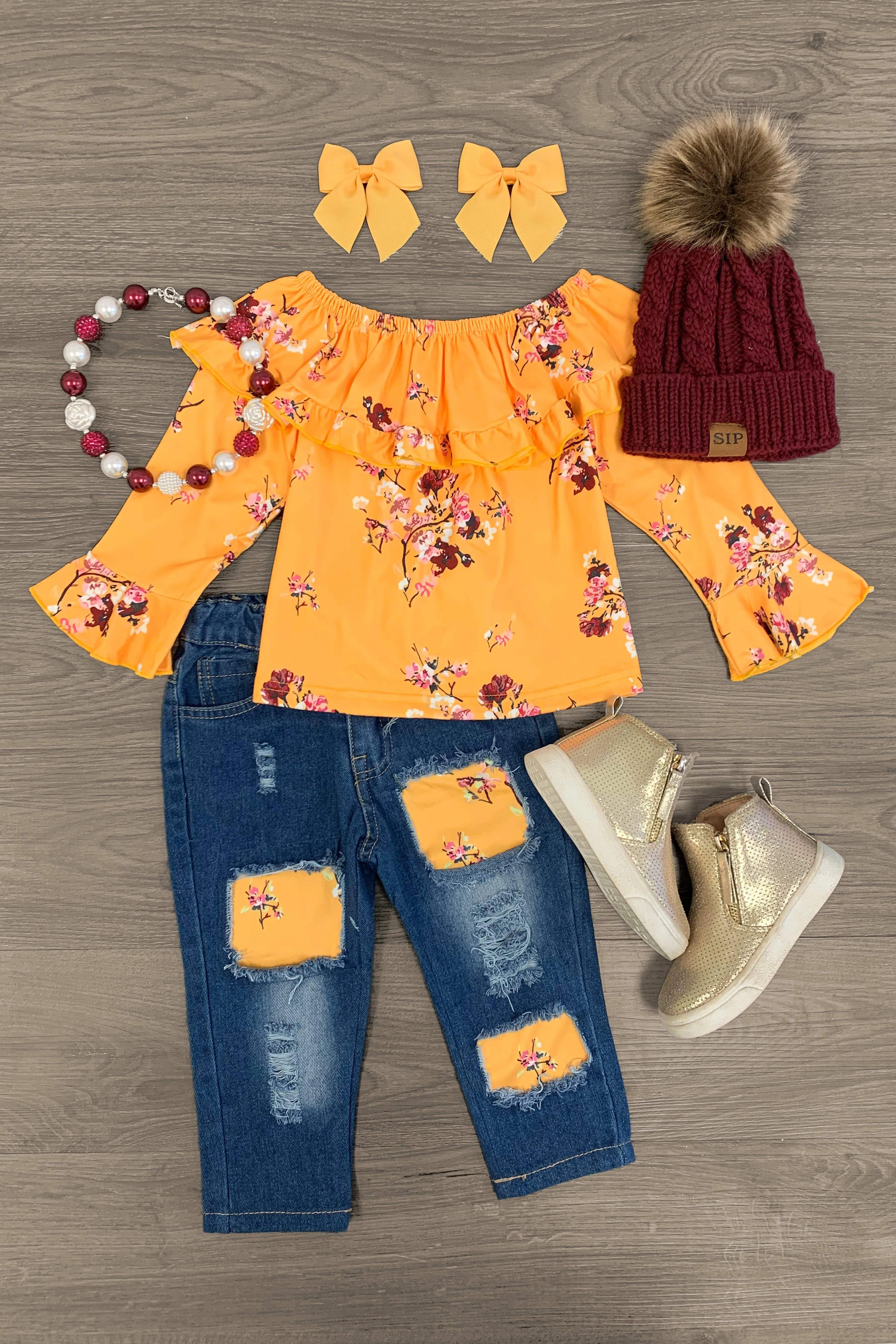 Mustard Floral Denim Pant Set