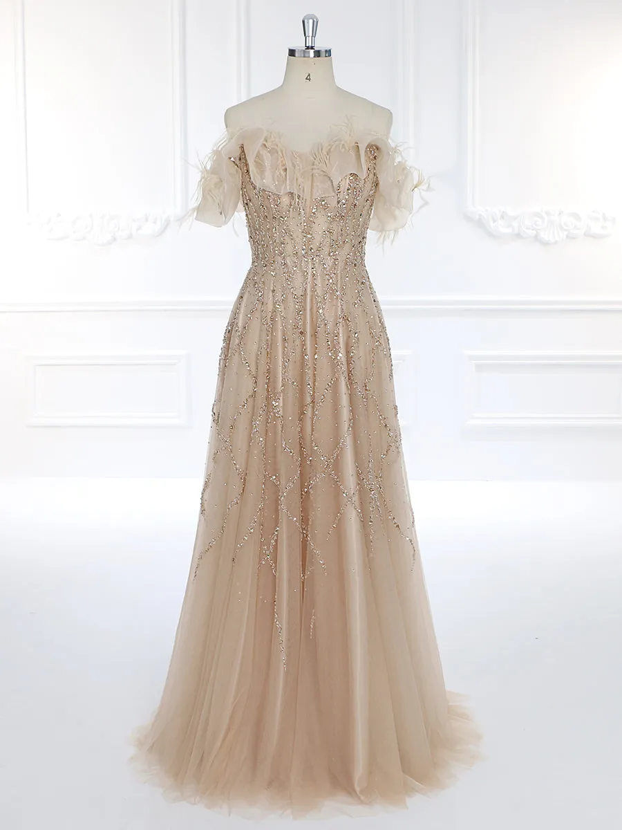 Nude Champagne Off Shoulder Bling Beaded Evening Dresses