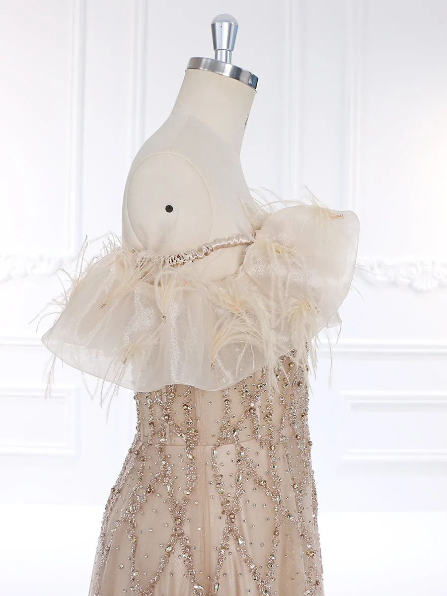 Nude Champagne Off Shoulder Bling Beaded Evening Dresses