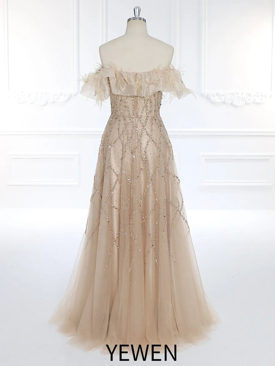 Nude Champagne Off Shoulder Bling Beaded Evening Dresses