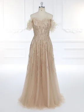 Nude Champagne Off Shoulder Bling Beaded Evening Dresses