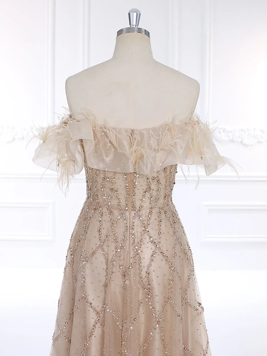 Nude Champagne Off Shoulder Bling Beaded Evening Dresses